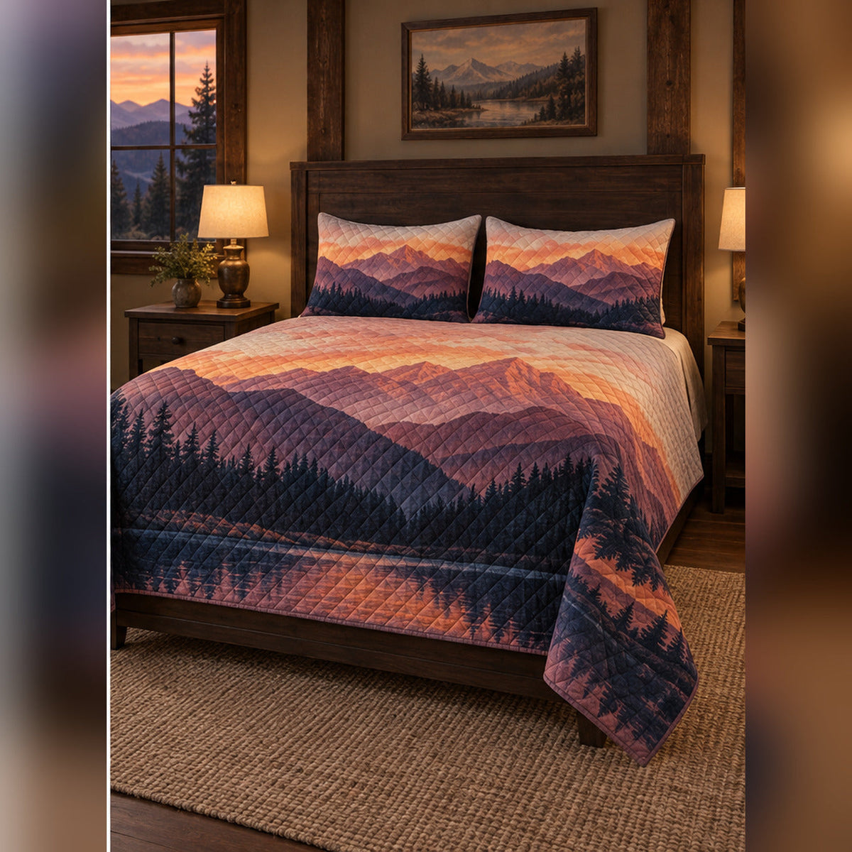 Alpenglow Mountain Sunset Quilt Set, angled mountain cabin bedroom bedroom view