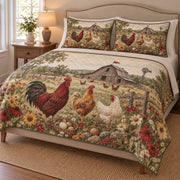 Chicken Rooster Barn Farmhouse Quilt Set: angled bedroom view showing the quilt artwork and coordinating shams