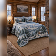 Snowy Mountain Cabin Quilt Set, angled mountain cabin bedroom bedroom view