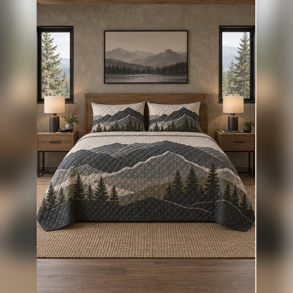 Charcoal Minimalist Mountain Quilt Set, front mountain cabin bedroom bedroom view