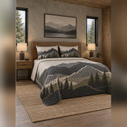 Charcoal Minimalist Mountain Quilt Set, angled mountain cabin bedroom bedroom view
