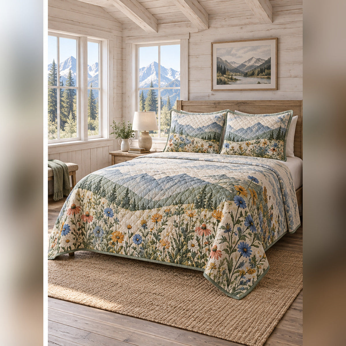Alpine Wildflower Mountain Quilt Set, angled mountain cabin bedroom bedroom view