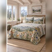 Alpine Wildflower Mountain Quilt Set, angled mountain cabin bedroom bedroom view