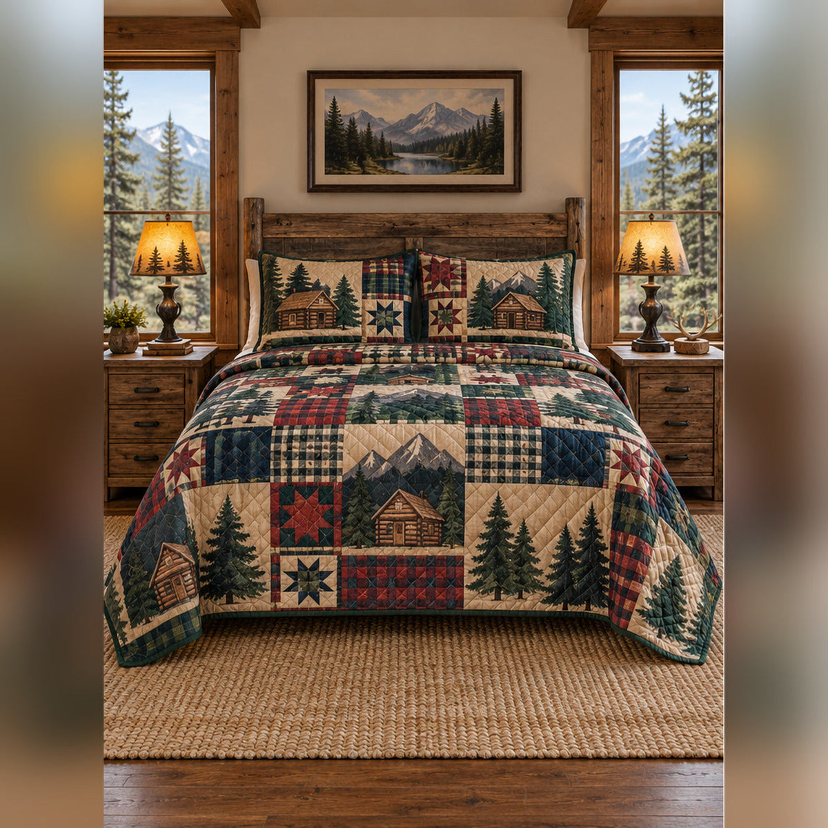 Mountain Cabin Patchwork Print Quilt Set, front mountain cabin bedroom bedroom view