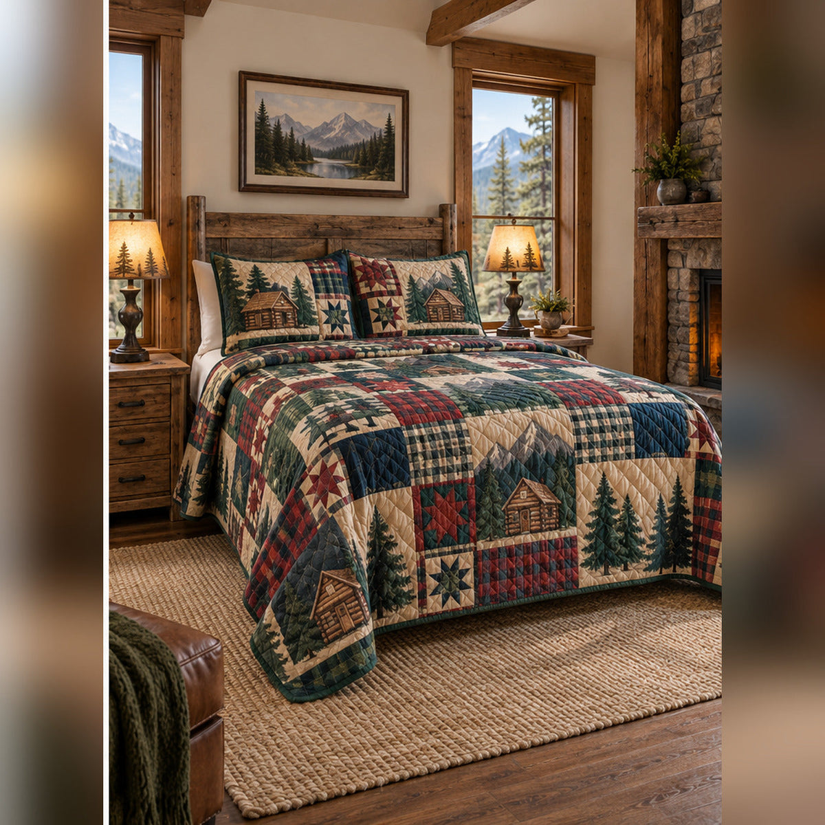 Mountain Cabin Patchwork Print Quilt Set, angled mountain cabin bedroom bedroom view