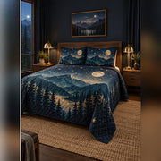 Midnight Mountain and Stars Quilt Set, angled mountain cabin bedroom bedroom view