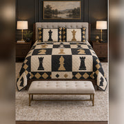 Classic Black and Cream Chess Quilt Set, front chess bedroom view