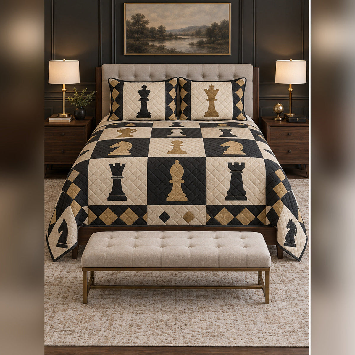 Classic Black and Cream Chess Quilt Set, front chess bedroom view