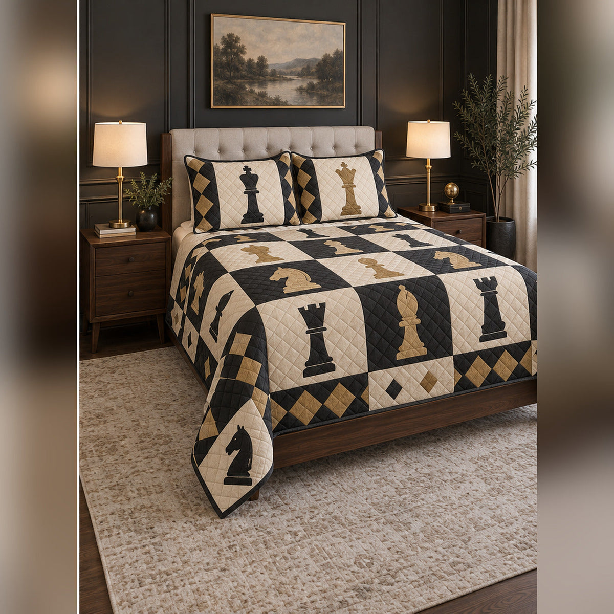 Classic Black and Cream Chess Quilt Set, angled chess bedroom view