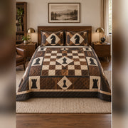 Walnut Chess Strategy Quilt Set, front chess bedroom view
