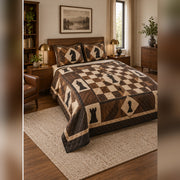 Walnut Chess Strategy Quilt Set, angled chess bedroom view