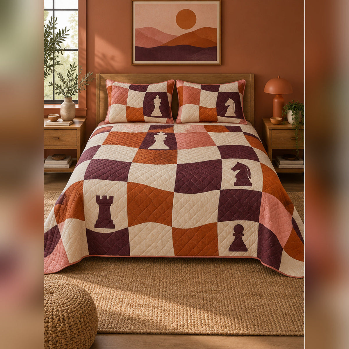Retro Wavy Chessboard Quilt Set, front chess bedroom view