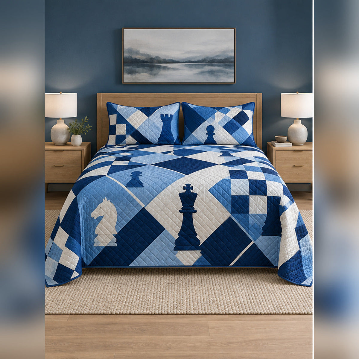 Blue Chess Geometry Quilt Set, front chess bedroom view