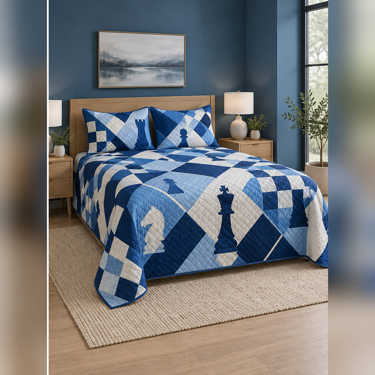 Blue Chess Geometry Quilt Set, angled chess bedroom view