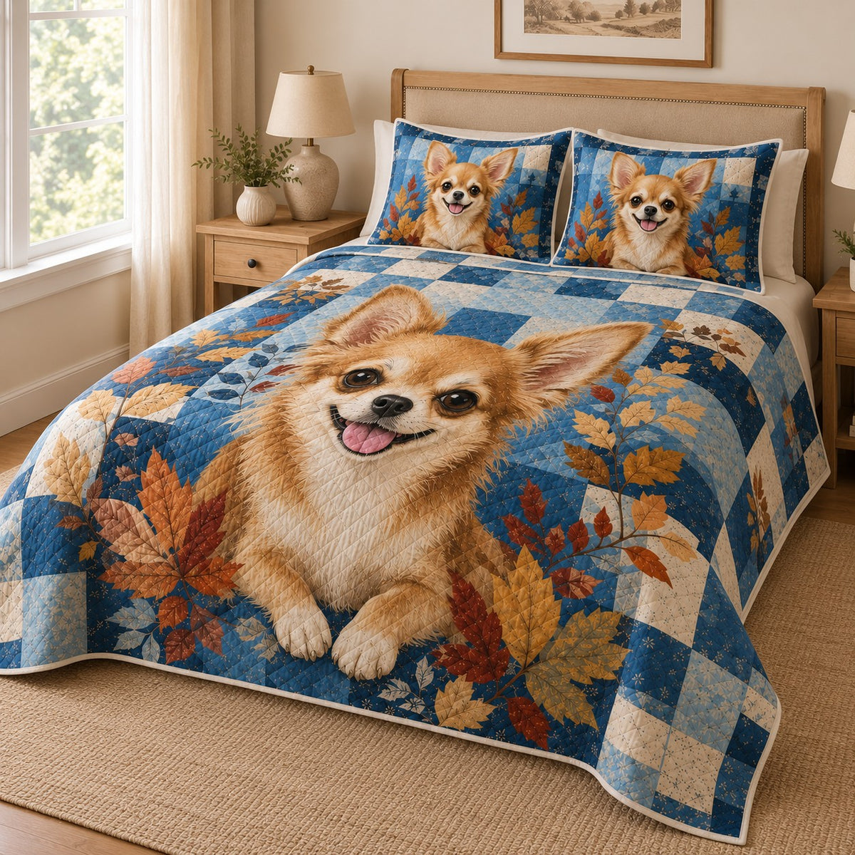 Chihuahua Autumn Patchwork Quilt Set: angled bedroom view showing the quilt artwork and coordinating shams