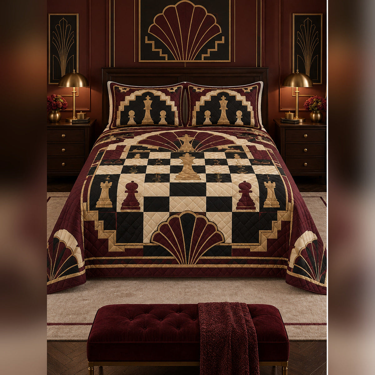 Art Deco Chess Quilt Set, front chess bedroom view