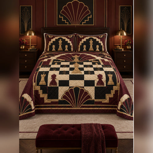 Art Deco Chess Quilt Set, front chess bedroom view