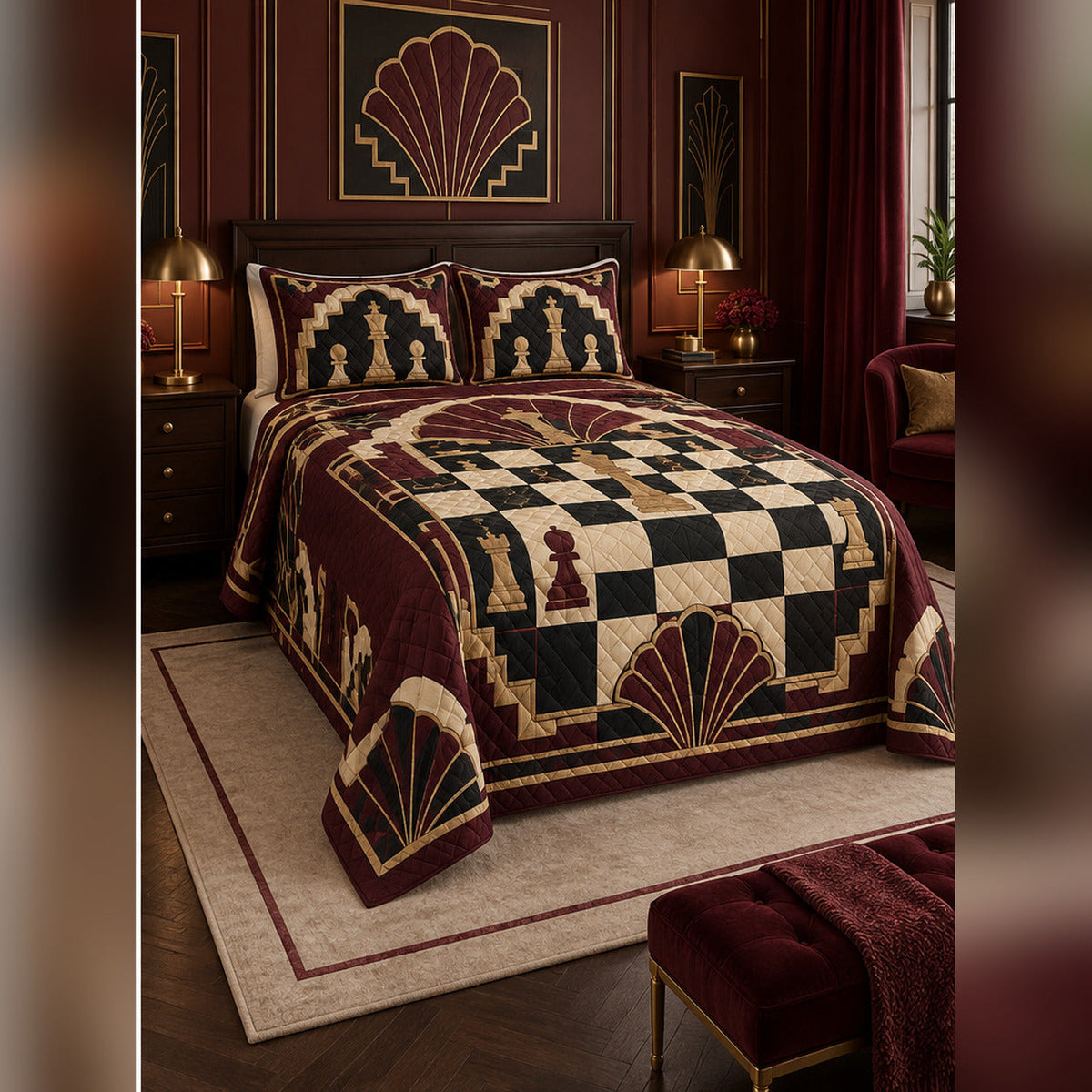 Art Deco Chess Quilt Set, angled chess bedroom view