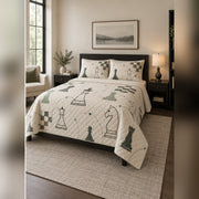 Minimalist Chess Line Art Quilt Set, angled chess bedroom view