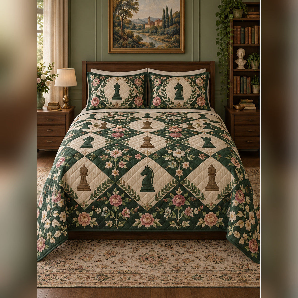 Botanical Chess Garden Quilt Set, front chess bedroom view