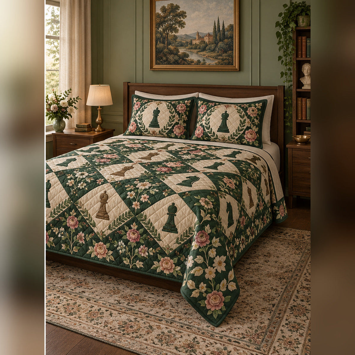 Botanical Chess Garden Quilt Set, angled chess bedroom view