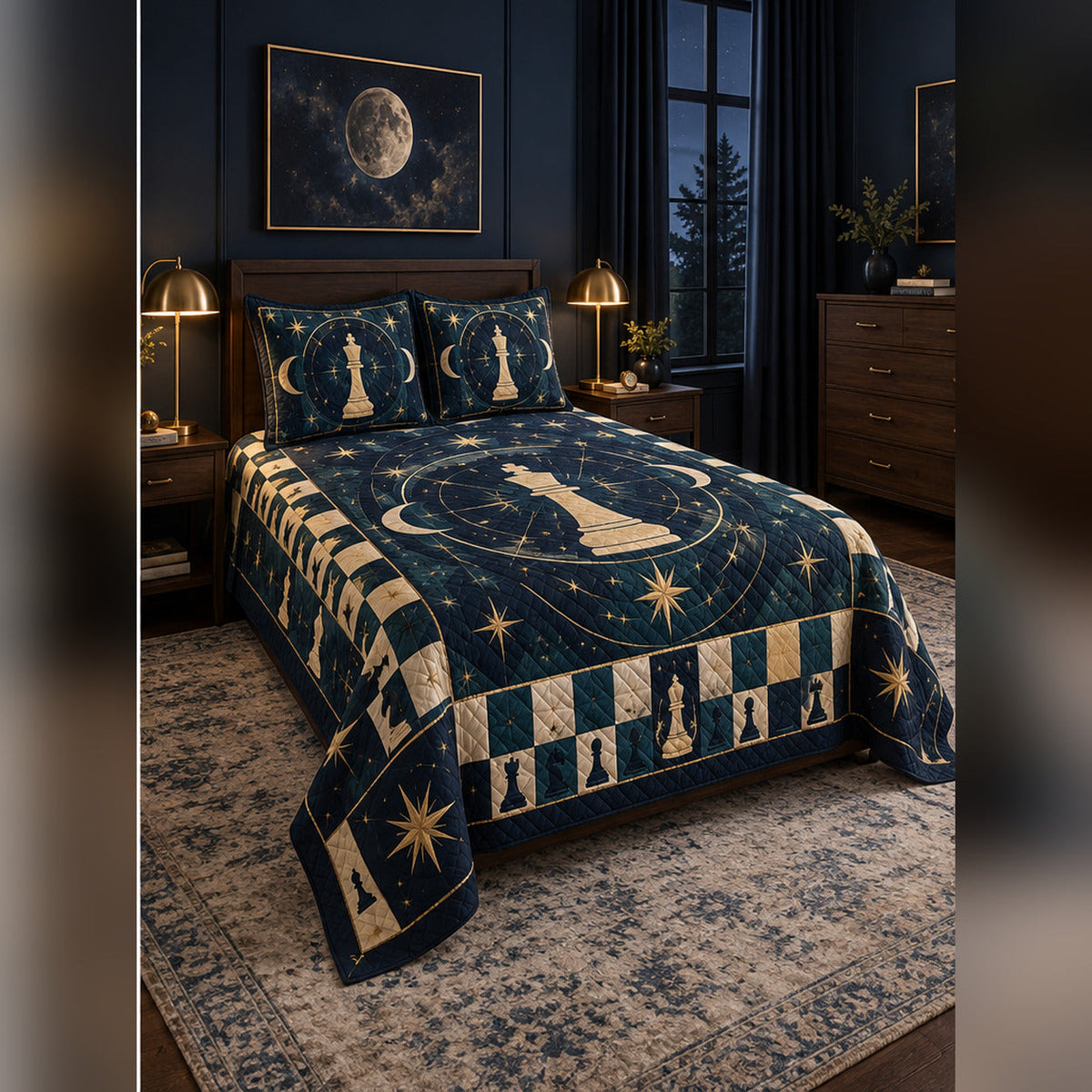 Midnight Celestial Chess Quilt Set, angled chess bedroom view
