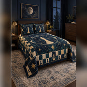 Midnight Celestial Chess Quilt Set, angled chess bedroom view