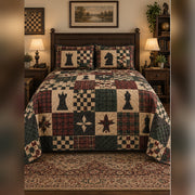 Heirloom Chess Patchwork Print Quilt Set, front chess bedroom view