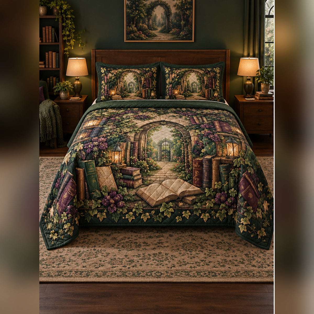 Enchanted Library Garden Quilt Set, front fantasy reading bedroom view