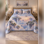 Watercolor Floating Island Quilt Set, front fantasy reading bedroom view
