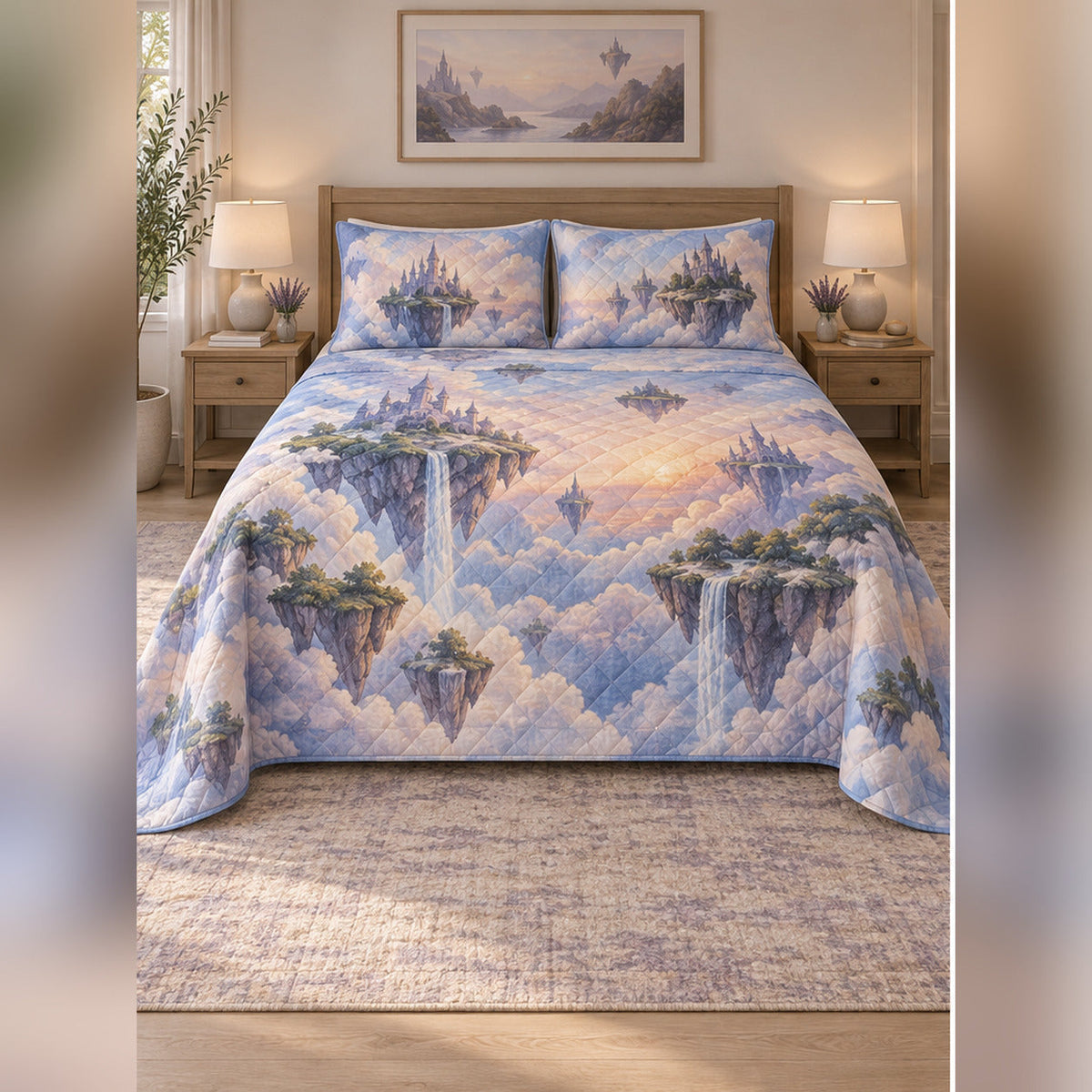 Watercolor Floating Island Quilt Set, front fantasy reading bedroom view