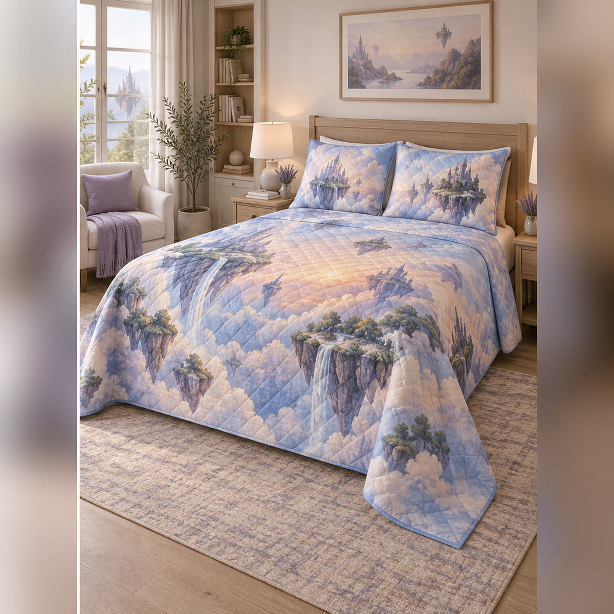 Watercolor Floating Island Quilt Set, angled fantasy reading bedroom view