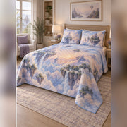 Watercolor Floating Island Quilt Set, angled fantasy reading bedroom view