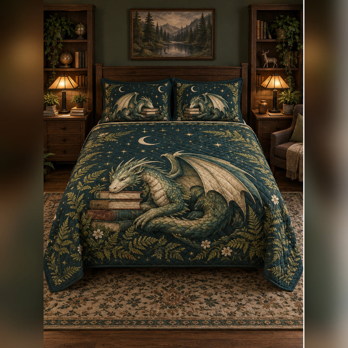 Forest Dragon and Books Quilt Set, front fantasy reading bedroom view