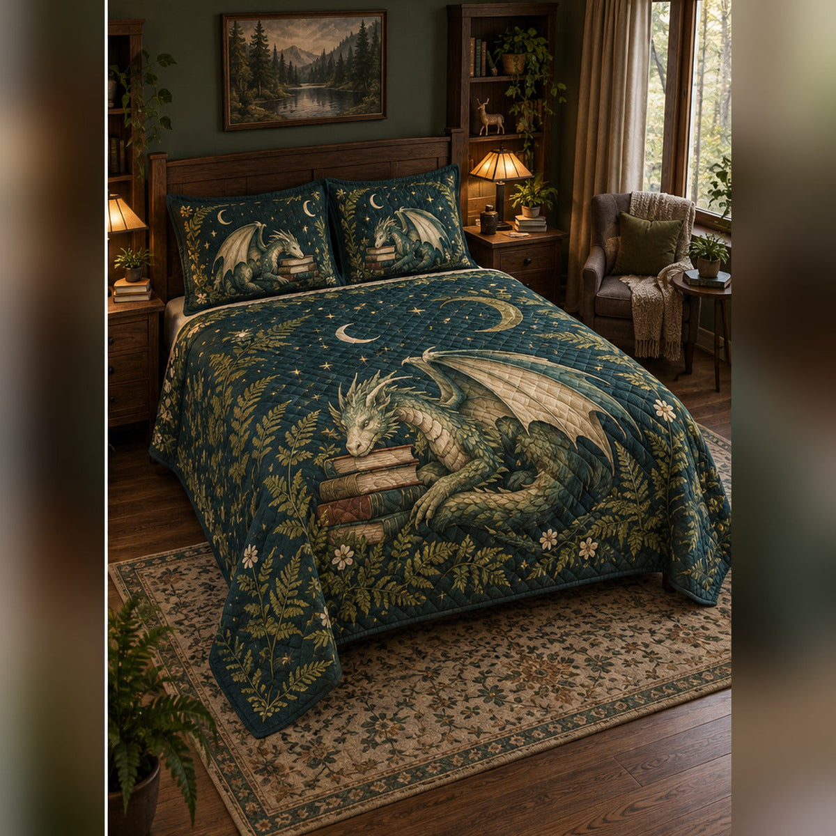 Forest Dragon and Books Quilt Set, angled fantasy reading bedroom view