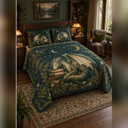 Forest Dragon and Books Quilt Set, angled fantasy reading bedroom view