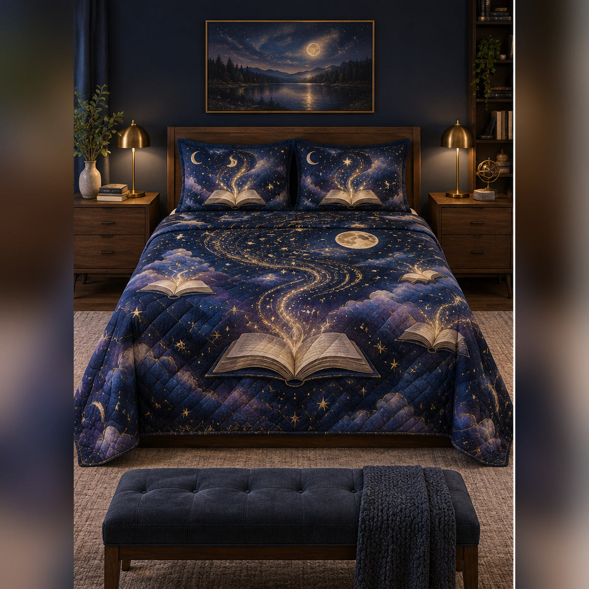 Book Portal Night Sky Quilt Set, front fantasy reading bedroom view