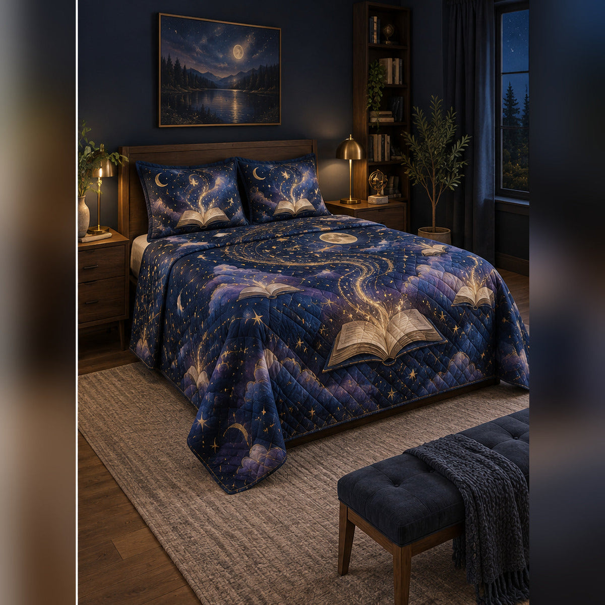 Book Portal Night Sky Quilt Set, angled fantasy reading bedroom view