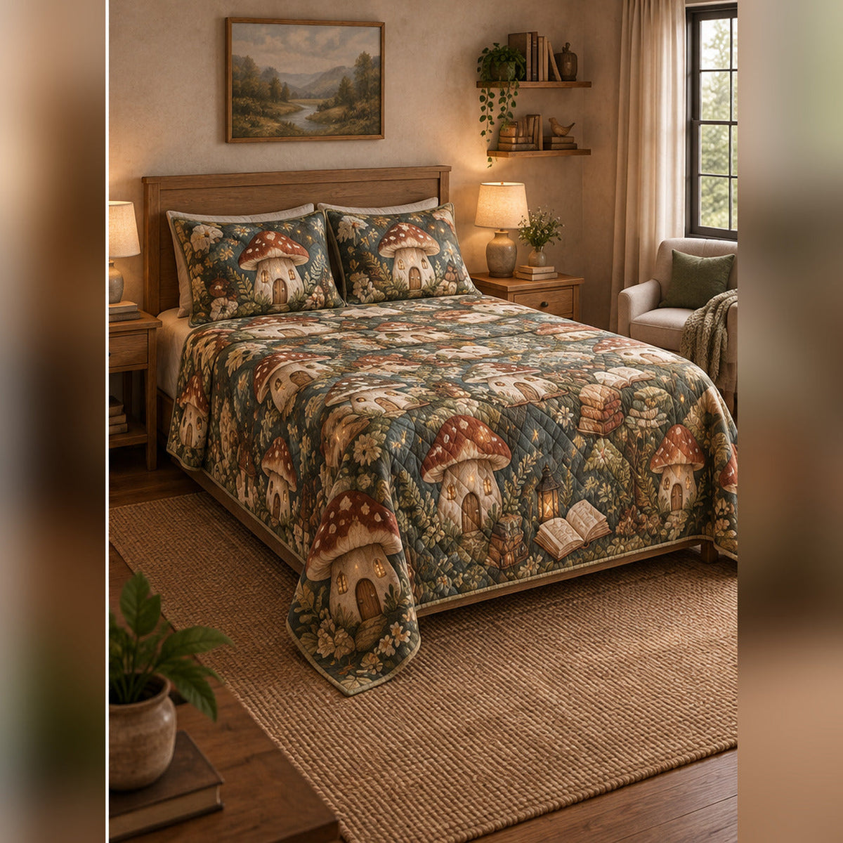 Mushroom Cottage Fantasy Quilt Set, angled fantasy reading bedroom view