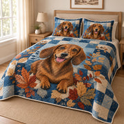 Dachshund Autumn Patchwork Quilt Set: angled bedroom view showing the quilt artwork and coordinating shams