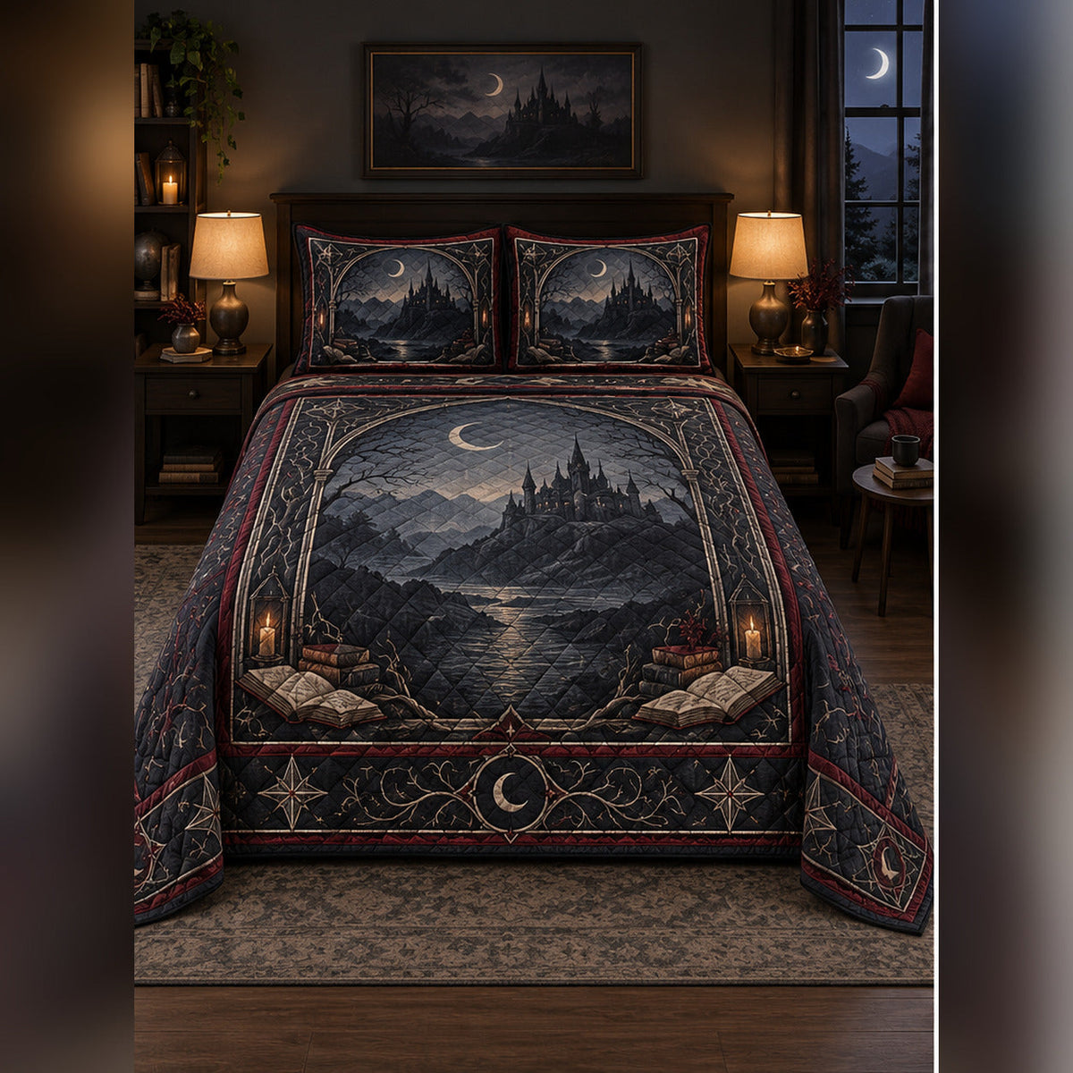 Gothic Moonlit Castle Quilt Set, front fantasy reading bedroom view