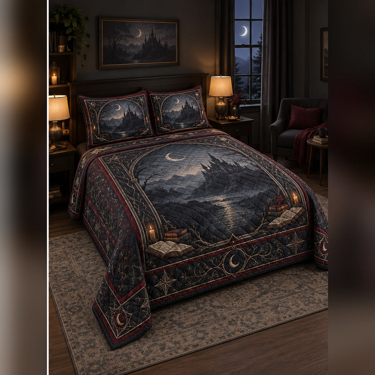 Gothic Moonlit Castle Quilt Set, angled fantasy reading bedroom view