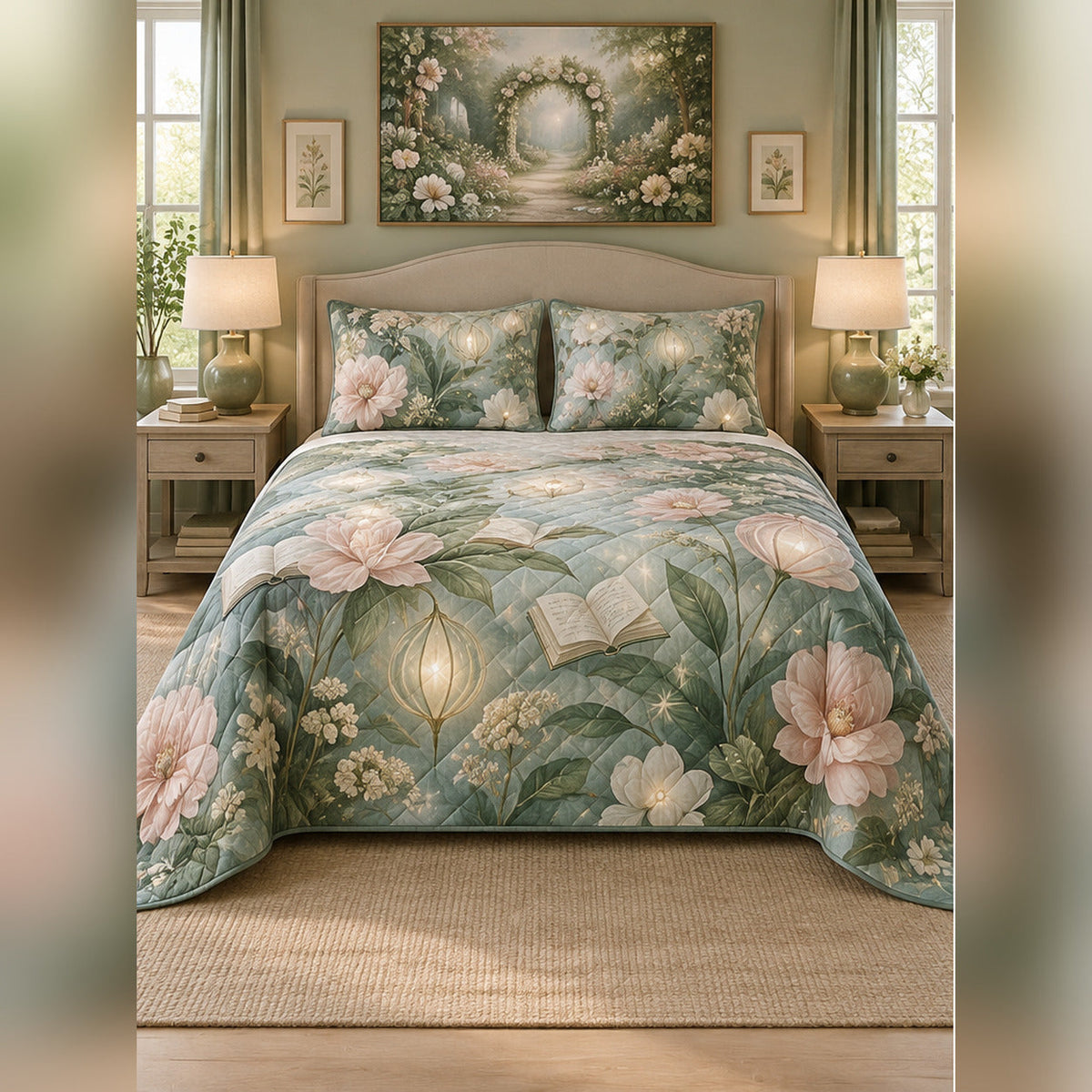 Luminous Magical Garden Quilt Set, front fantasy reading bedroom view