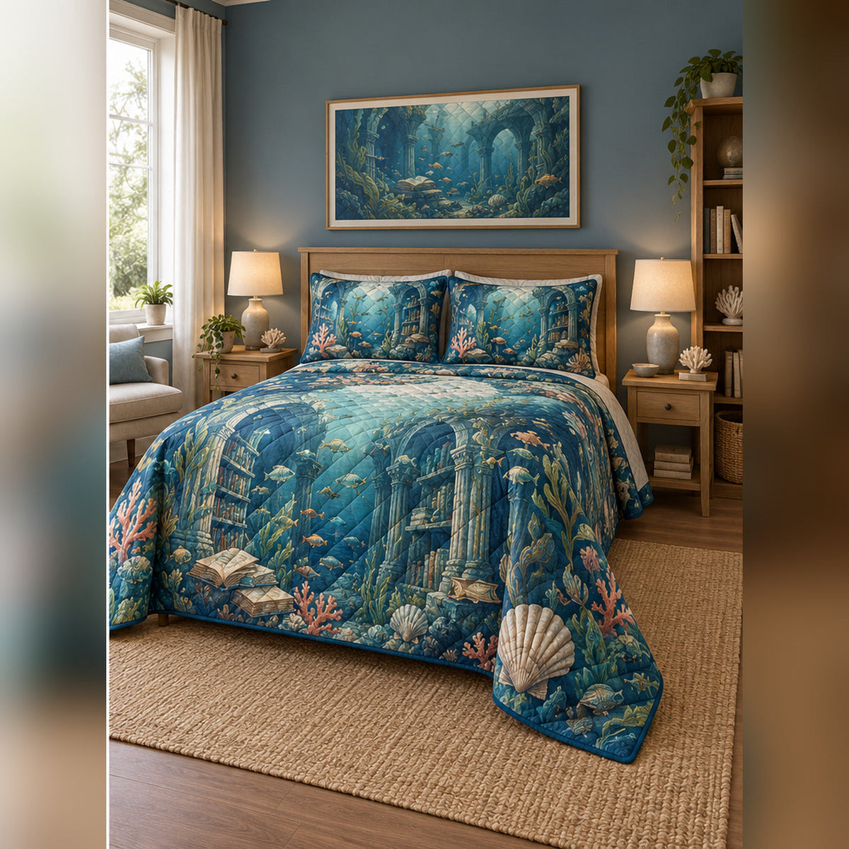 Ocean Fantasy Library Quilt Set, angled fantasy reading bedroom view