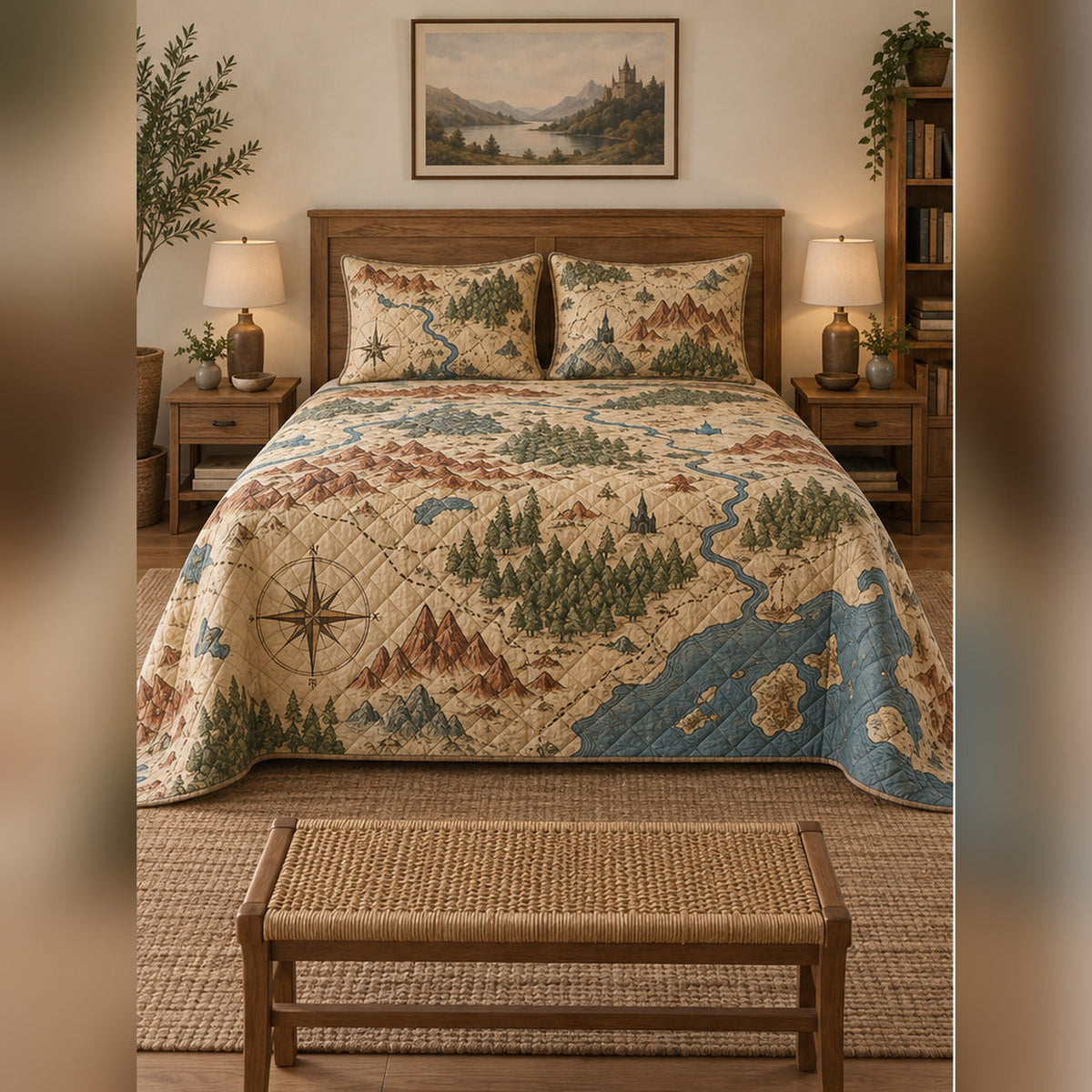 Fantasy Map Inspired Quilt Set, front fantasy reading bedroom view