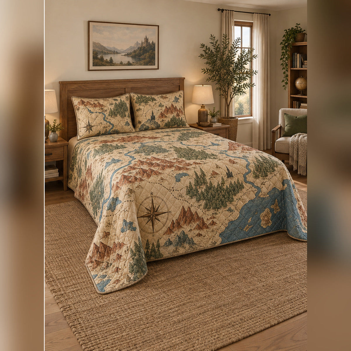 Fantasy Map Inspired Quilt Set, angled fantasy reading bedroom view