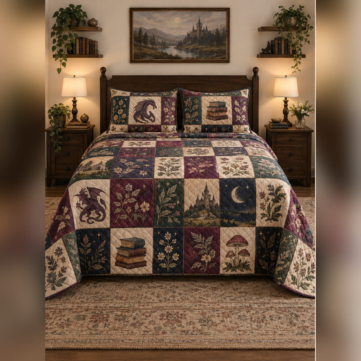 Heirloom Fantasy Reading Patchwork Print Quilt Set, front fantasy reading bedroom view