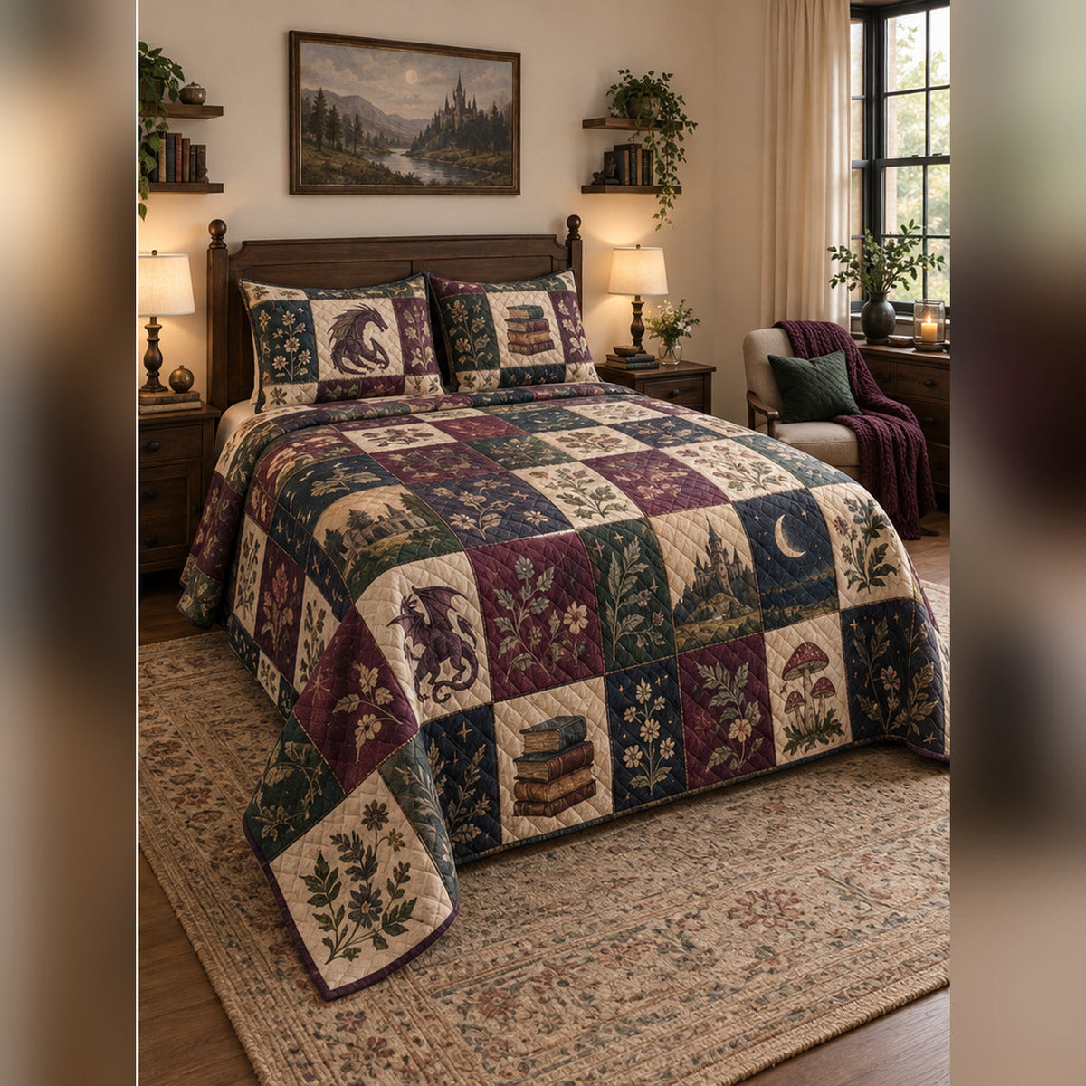 Heirloom Fantasy Reading Patchwork Print Quilt Set, angled fantasy reading bedroom view
