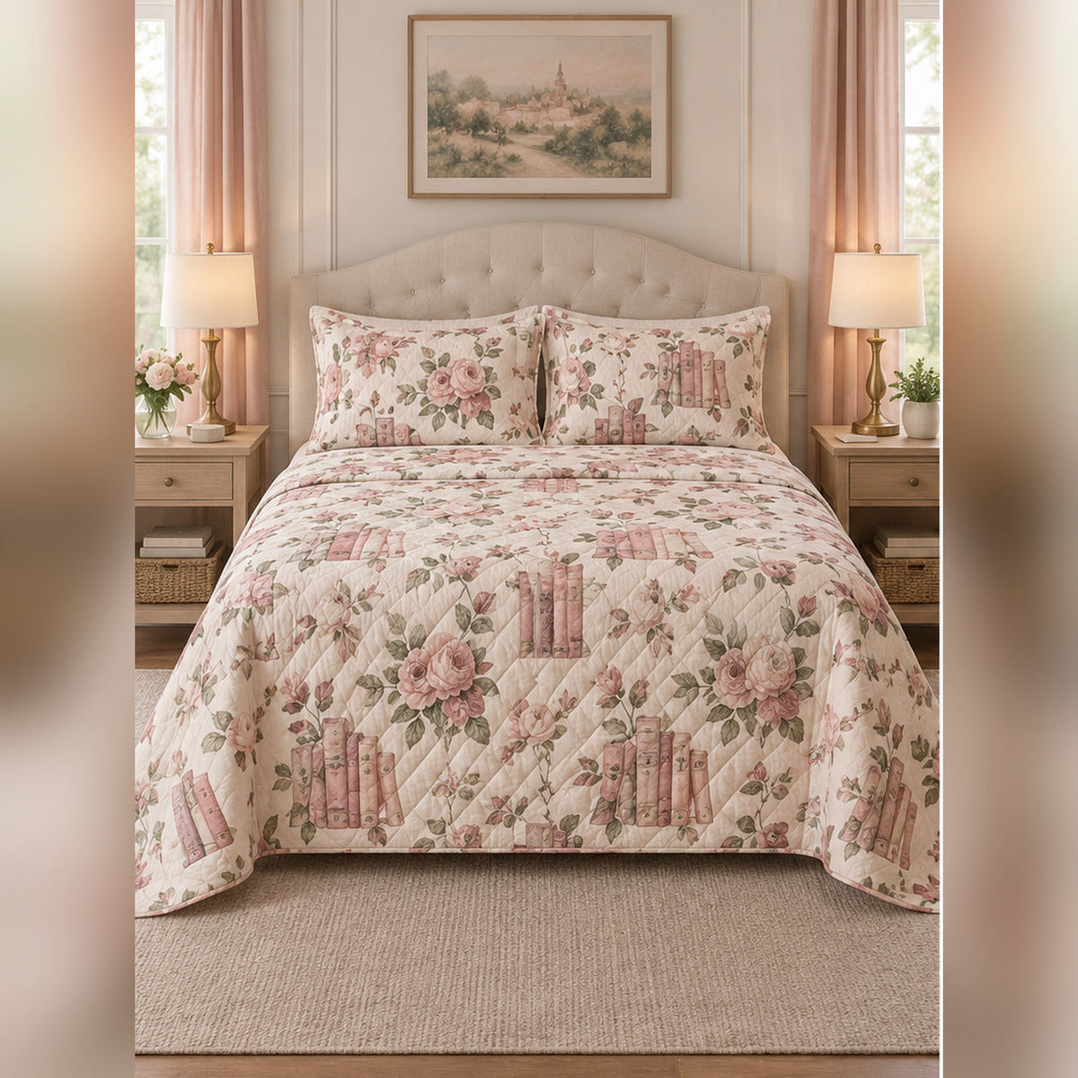 Blush Rose Library Quilt Set, front romance reading bedroom view