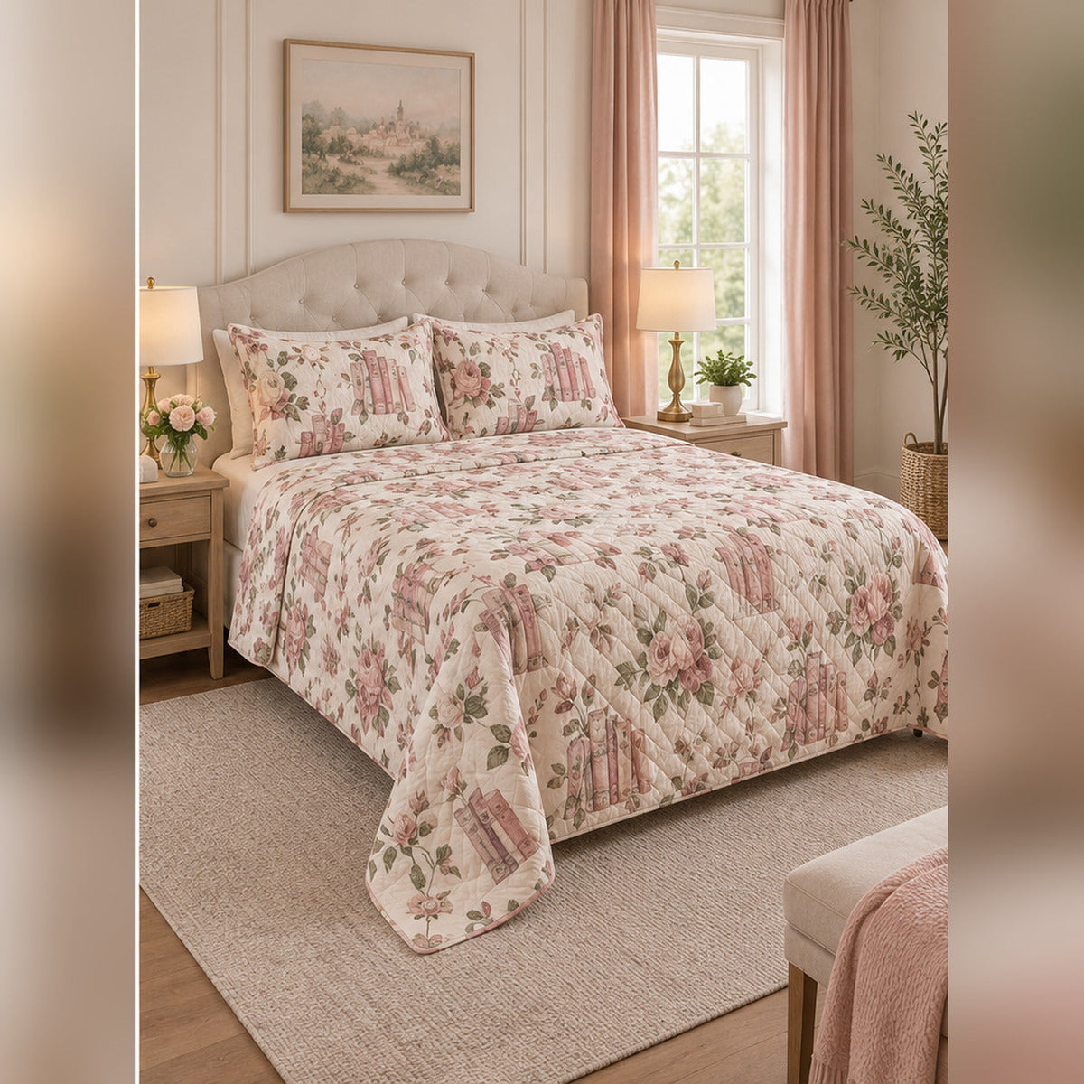 Blush Rose Library Quilt Set, angled romance reading bedroom view